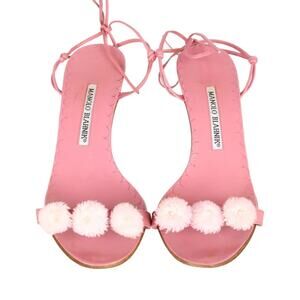 MANOLO BLAHNIK Pom-Pom Ankle-Tie Sandals - 9 - Pink
